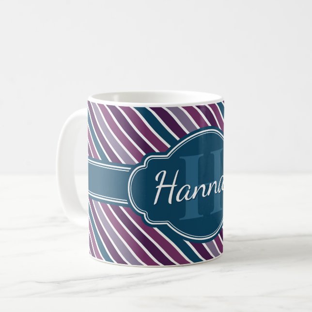 Lila White Teal Bold Rand Mönster Monogram Kaffemugg (Framsida vänster)