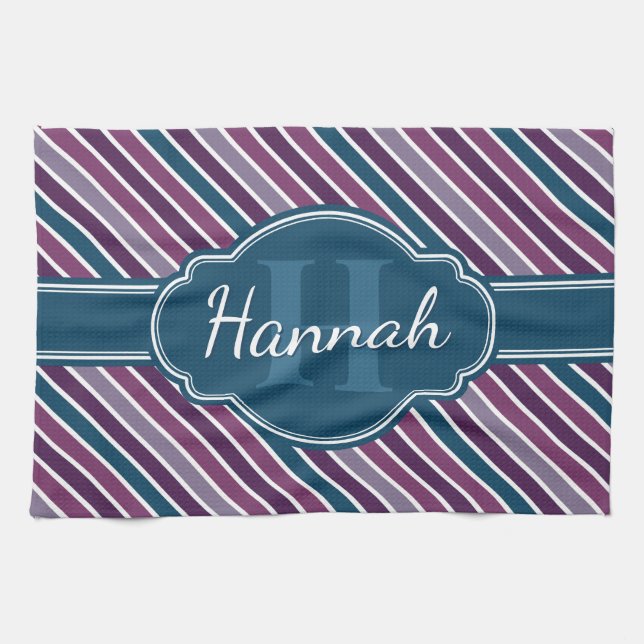 Lila White Teal Bold Rand Mönster Monogram Kökshandduk (Horisontell)