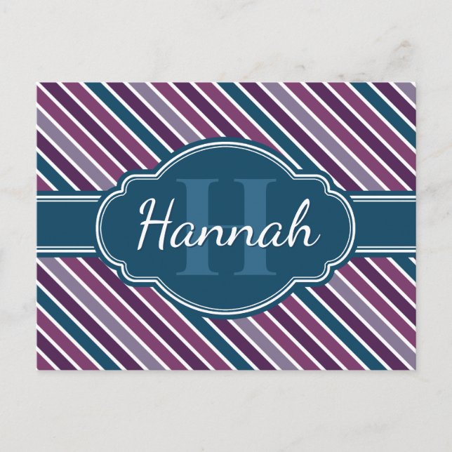 Lila White Teal Bold Rand Mönster Monogram Vykort (Framsida)