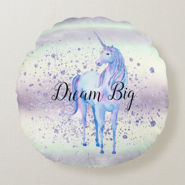 Lila White Unicorn Gnistra Glitter Dream Rund Kudde (Framsidan)