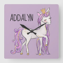 Lila White Unicorn Tiara Fyrkantig Klocka