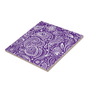 Lila & White Vintage Blommigt Paisley Mönster Kakelplatta