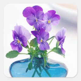 Lila White Violas Flowers Blue Vas Blommigt Fyrkantigt Klistermärke