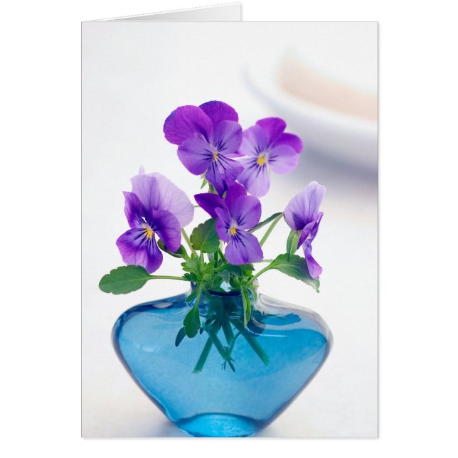Lila White Violas Flowers Blue Vas Blommigt OBS Kort (Framsidan)