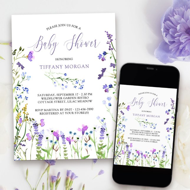 Lila WildblomBaby Shower Daety Blommigt Inbjudningar (Baby Shower Invitation with delicate wild flowers from my Purple Wildflower Collection.
)
