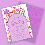 Lila WildblomBoho Arch 50:e Födelsedagsfesten Inbjudningar<br><div class="desc">En lila Boho-båge omger din 50:e Födelsedagsfest-information. Färga vilda blommor gör att blommigten trycks in i lila, orangens gult och rött. Modern manus i lila lägger också till en trendig vibe som också är feminin. Baksidan är djup lila med en subtil vattenfärgschevron mönster. Det här objektet koordinerar med den Söt...</div>