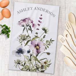 Lila WildblomBouquet Watercolor Blommigt Kökshandduk