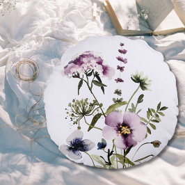Lila WildblomBouquet Watercolor Blommigt Rund Kudde