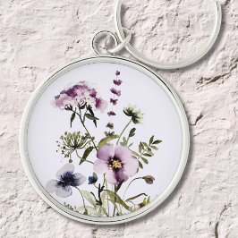 Lila WildblomBouquet Watercolor Blommigt Rund Silverfärgad Nyckelring