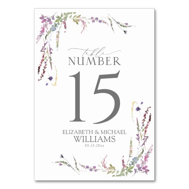 Lila Wildblomcalligraphy Bröllop Bordsnummer (Framsidan)