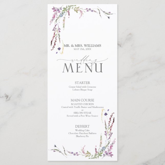 Lila Wildblomcalligraphy Bröllop Menu Meny (Framsida)