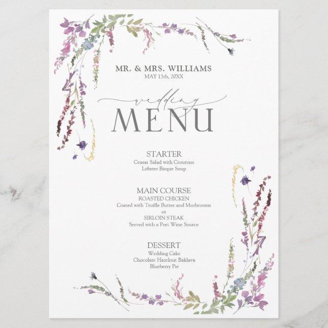 Lila Wildblomcalligraphy Bröllop Menu Meny (Framsida)