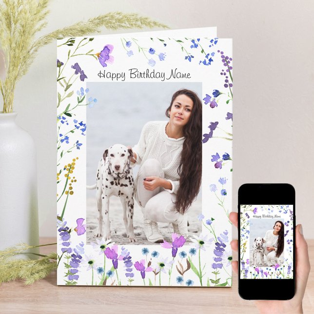 Lila Wildblomdelikat Blommigt Foto Birthday Kort (Skapare uppladdad)