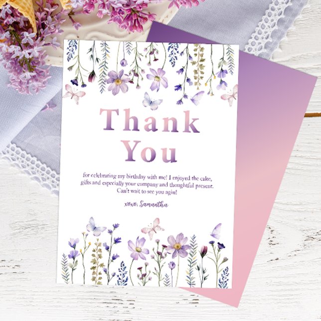 Lila WildblomGirl's 1st Birthday Tack Kort (Wildflower Thank You Card)