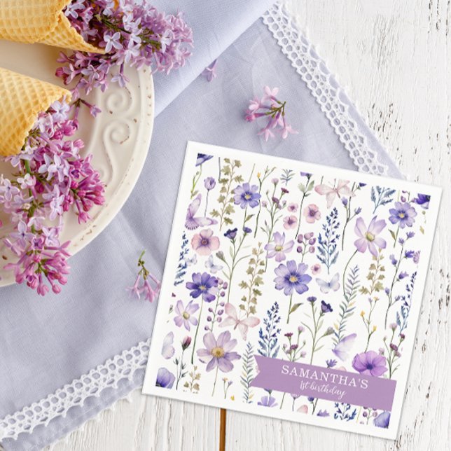 Lila Wildblomma 1:a födelsedagen Party Napkins Pappersservett (Wildflowers Napkins)