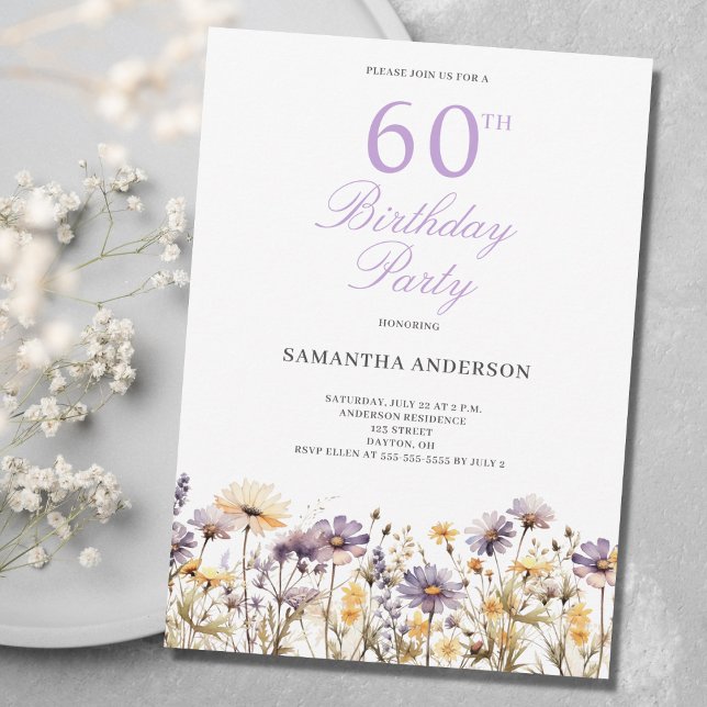 Lila Wildblomma 60:e Födelsedagsfesten Inbjudningar (Skapare uppladdad)