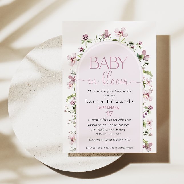 Lila Wildblomma Arch Baby Bloom babydusch Inbjudningar (Purple Wildflowers Baby In Bloom Baby Shower Invitation, Modern Purple Arch, Gender Neutral )