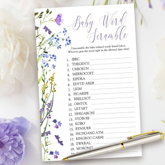 Lila Wildblomma Baby Ord Scramble Shower Game (Baby Word Scramble Game Card from my Purple Wildflower Collection.)