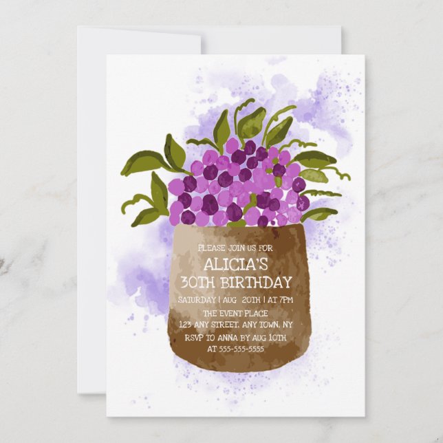 Lila Wildblomma på Pot Watercolor Birthday Inbjudningar (Framsida)
