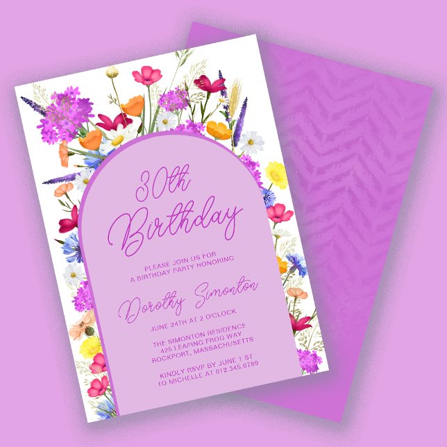 Lila WildblommBoho Arch 30års födelsedag Party Inbjudningar (Skapare uppladdad)