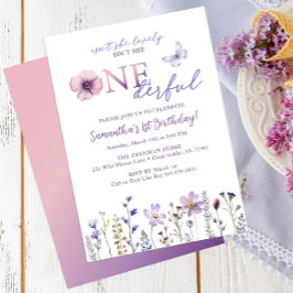 Lila Wildblomme Obudful First Birthday Inbjudningar