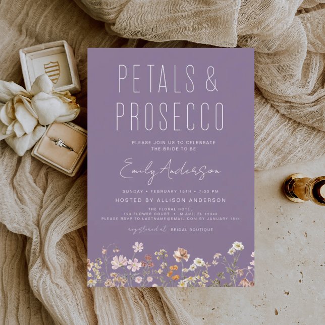 Lila WildblomPetals & Prosecco Möhippa Inbjudningar (Skapare uppladdad)