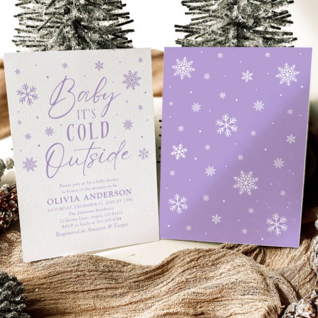 Lila Winter Baby Det är Kall utanför babyskabinka Inbjudningar (Purple Winter Baby It's Cold Outside Baby Shower Invitation)