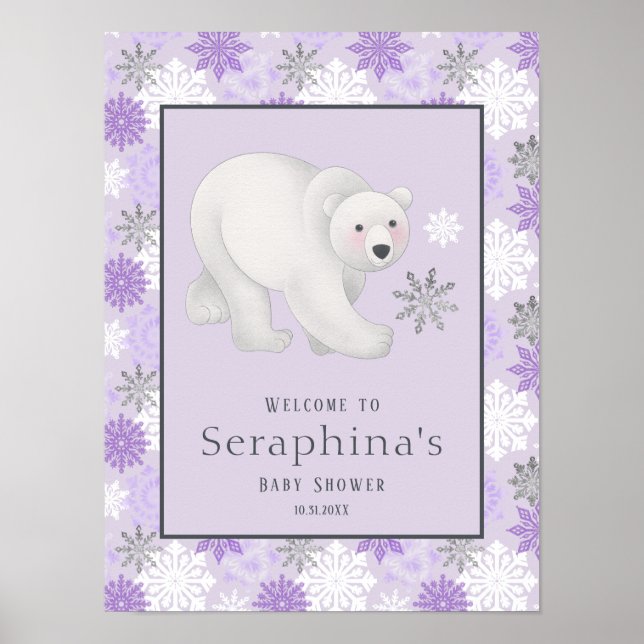 Lila Winter Polar Bear Baby Shower Välkommen Poster (Framsidan)