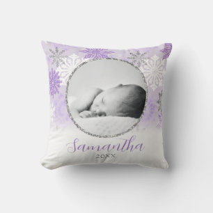 Lila Winter Snowflake Personlig Baby Photo Kudde