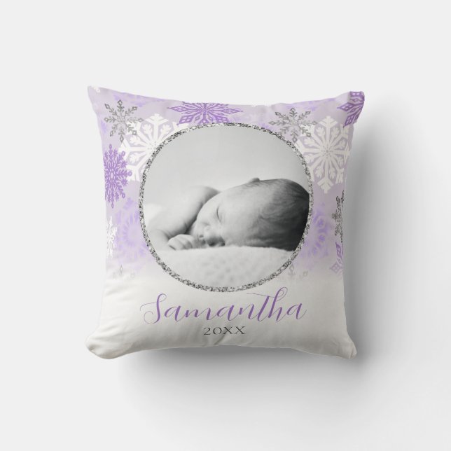 Lila Winter Snowflake Personlig Baby Photo Kudde (Framsida)
