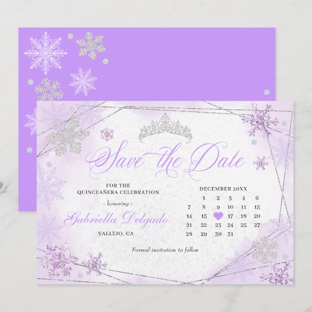 Lila Winter Wonderland Snowflake Save Date Inbjudningar (Fram/baksida)