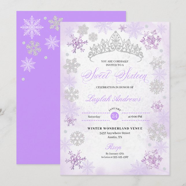 Lila Winter Wonderland Snowflake Sweet 16 Inbjudningar (Fram/baksida)