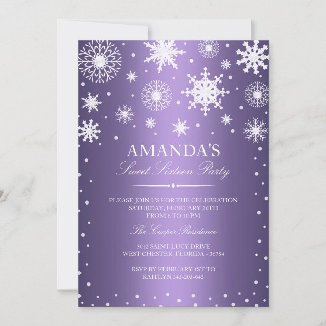 Lila Winter Wonderland Sweet 16 Inbjudan (Framsida)
