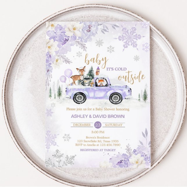 Lila Winter Woodland Baby Shower Inbjudningar (Girl Baby It's Cold Outside Baby Shower Invitation)
