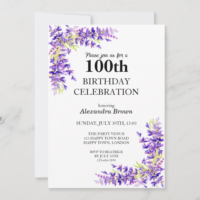 Lila Wisteria 100:e födelsedagsfoto Party Inbjudningar (Framsida)