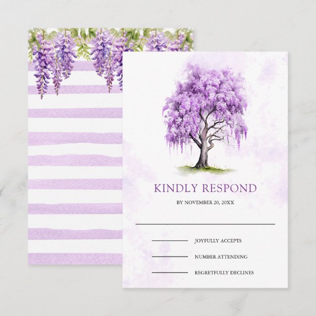 Lila Wisteria Blommig Träd Bröllop OSA Kort (Fram/baksida)