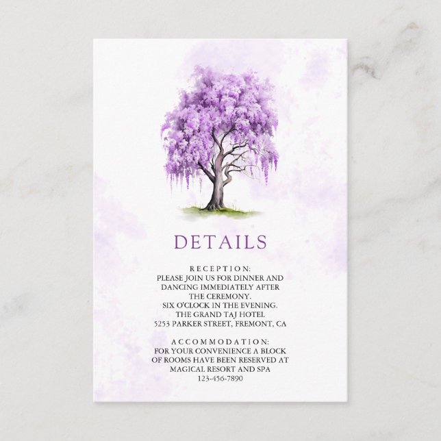 Lila Wisteria Blommig Träd Bröllopsdetaljer Tilläggskort (Framsida)