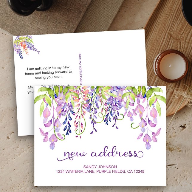 Lila Wisteria Blommigt Mitt Nya adress meddelande (New Address postcard with purple wisteria)