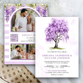 Lila Wisteria Blommigt Träd Photo QR Code Bröllop Inbjudningar