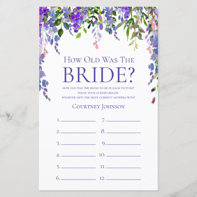 Lila Wisteria Bröllopsduschspel (Framsida)