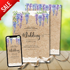 Lila Wisteria Flowers Bröllop Rustic Snöre look Inbjudningar