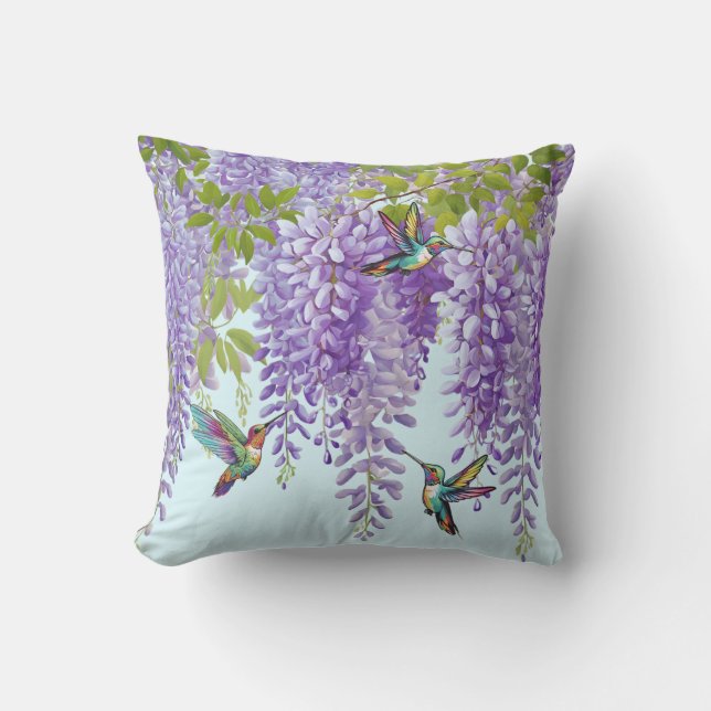 Lila Wisteria och Hummingbird Kudde (Framsida)