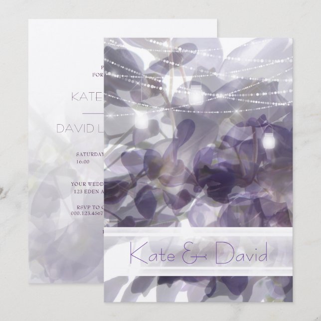 ©Lila Wisteria String Ljus Mason Burk Bröllop Inbjudningar (Fram/baksida)