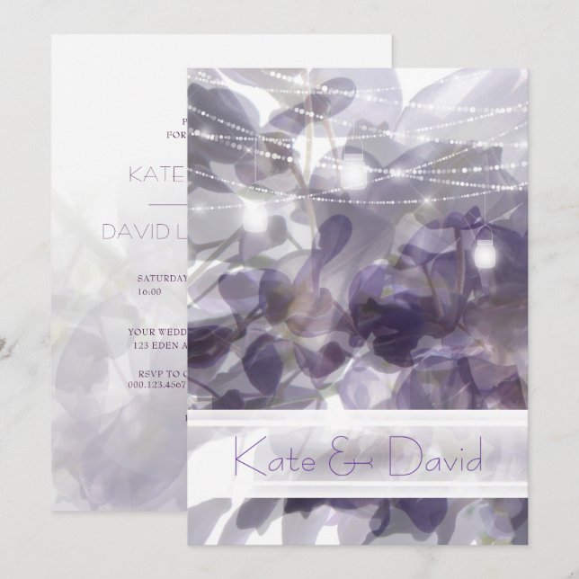 ©Lila Wisteria String Ljus Mason Burk Bröllop Inbjudningar (Fram/baksida)