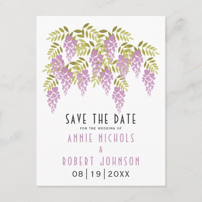 Lila wisteria vårbröllop Save the Date Meddelande Vykort (Framsida)