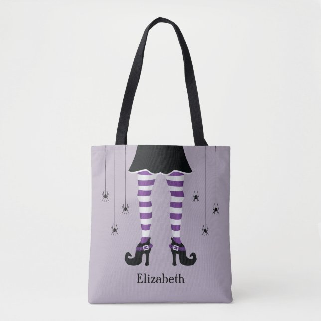 Lila Witch Ben och Spiders med Namn Halloween Tygkasse (Framsida)
