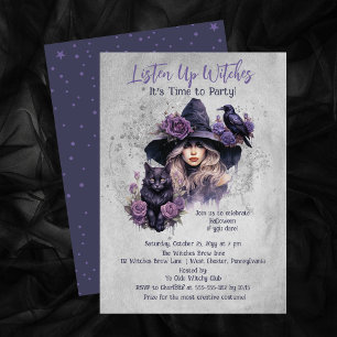 Lila Witch Cat and Raven Halloween fest Inbjudningar