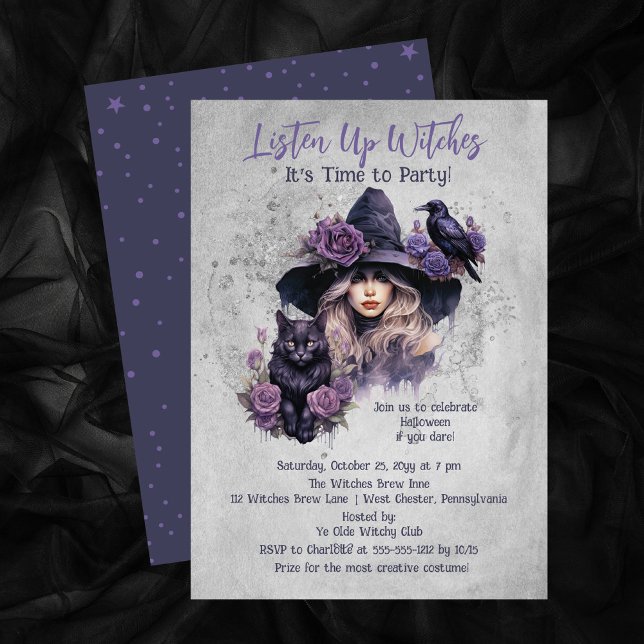 Lila Witch Cat and Raven Halloween fest Inbjudningar (Gather your friends for a Halloween celebration with this "Listen Up Witches It's Time to Party!")