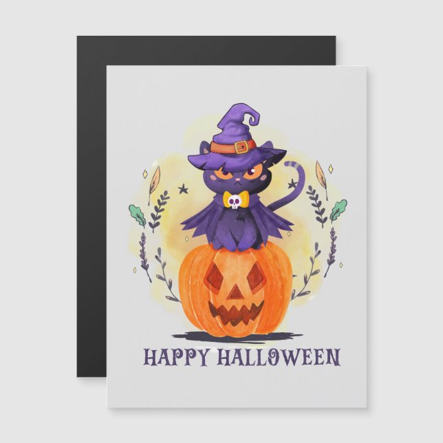 Lila Witch Cat on Pumpkin - Happy halloween (Fram/baksida)