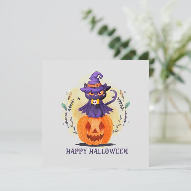 Lila Witch Cat on Pumpkin - Happy halloween (Stående Fram)